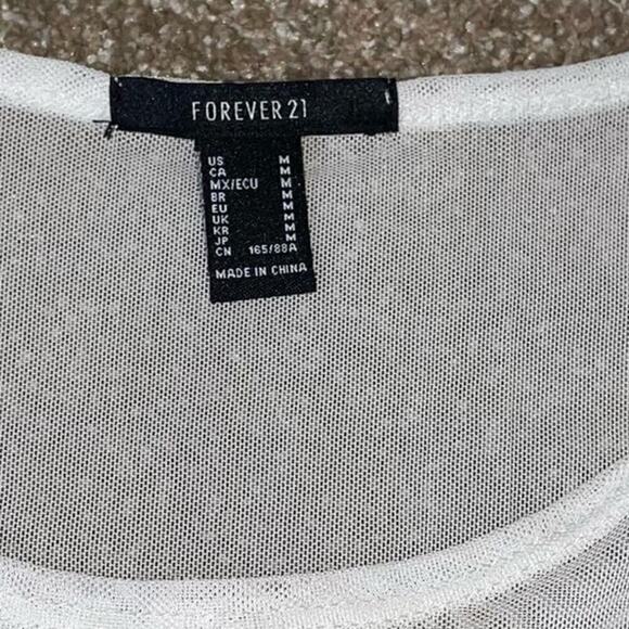 Forever 21 body suit white mesh boa feather top one piece semi sheer SZ M snap - Picture 6 of 8